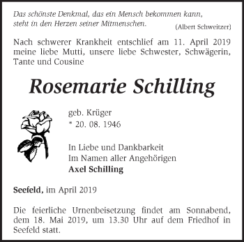 Traueranzeige von Rosemarie Schilling von Märkische Oderzeitung