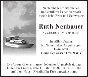 Traueranzeige von Ruth Neubauer von Märkische Oderzeitung