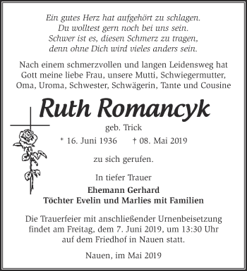 Traueranzeige von Ruth Romancyk von Märkische Oderzeitung