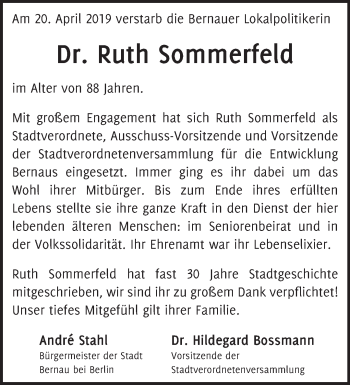 Traueranzeige von Ruth Sommerfeld von Märkische Oderzeitung