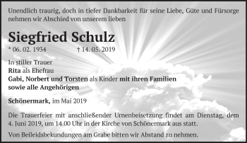 Traueranzeige von Siegfried Schulz von Märkische Oderzeitung