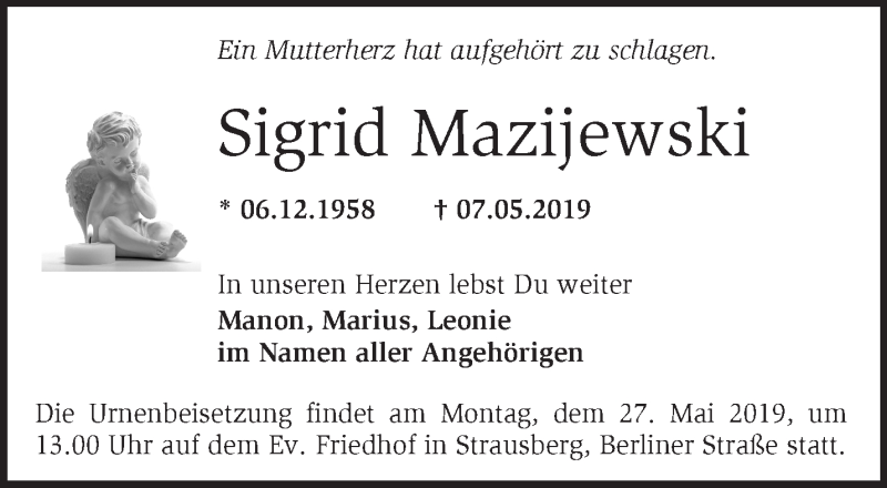  Traueranzeige für Sigrid Mazijewski vom 12.05.2019 aus Märkische Oderzeitung