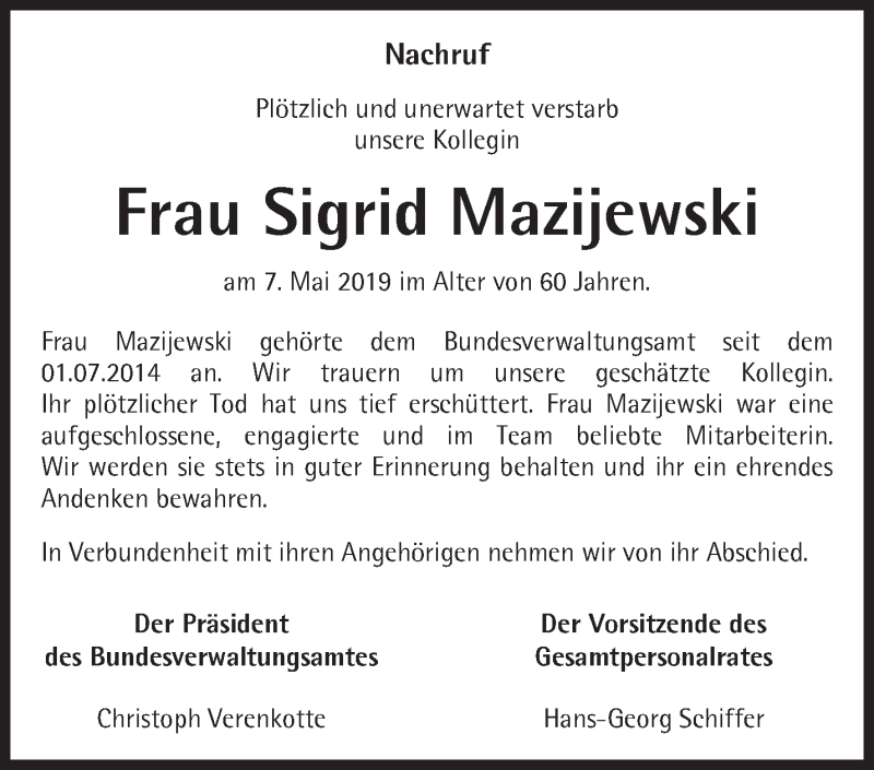  Traueranzeige für Sigrid Mazijewski vom 18.05.2019 aus Märkische Oderzeitung