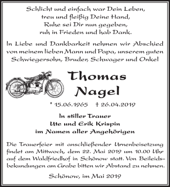 Traueranzeige von Thomas Nagel von Märkische Oderzeitung