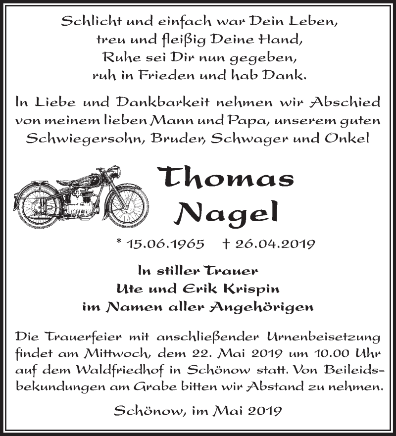 Traueranzeige für Thomas Nagel vom 11.05.2019 aus Märkische Oderzeitung