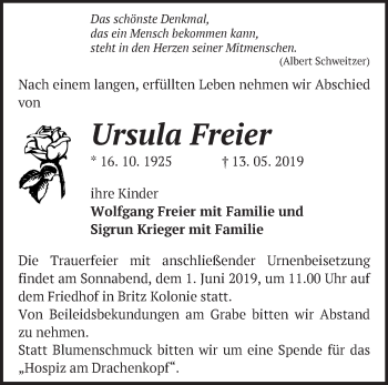 Traueranzeige von Ursula Freier von Märkische Oderzeitung