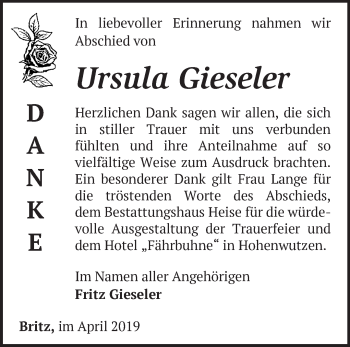 Traueranzeige von Ursula Gieseler von Märkische Oderzeitung