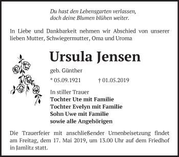 Traueranzeige von Ursula Jensen von Märkische Oderzeitung