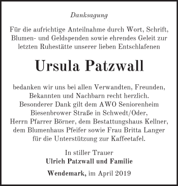 Traueranzeige von Ursula Patzwall von Märkische Oderzeitung