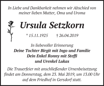 Traueranzeige von Ursula Setzkorn von Märkische Oderzeitung