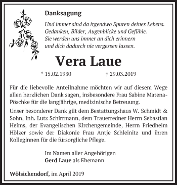 Traueranzeige von Vera Laue von Märkische Oderzeitung