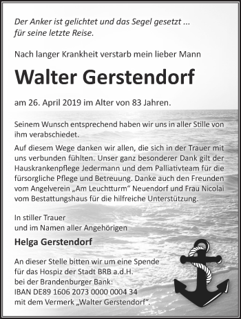 Traueranzeige von Walter Gerstendorf von Märkische Oderzeitung