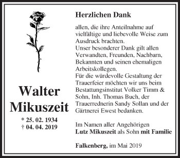 Traueranzeige von Walter Mikuszeit von Märkische Oderzeitung