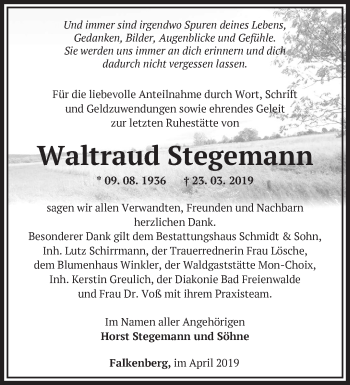 Traueranzeige von Waltraud Stegemann von Märkische Oderzeitung