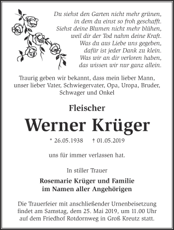 Traueranzeige von Werner Krüger von Märkische Oderzeitung