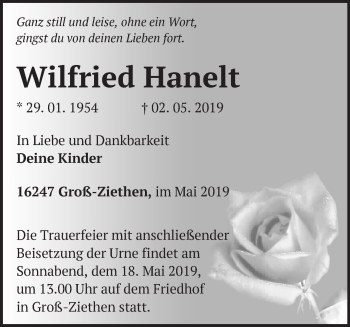 Traueranzeige von Wilfried Hanelt von Märkische Oderzeitung