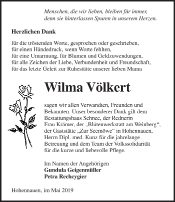 Traueranzeige von Wilma Völkert von Märkische Oderzeitung