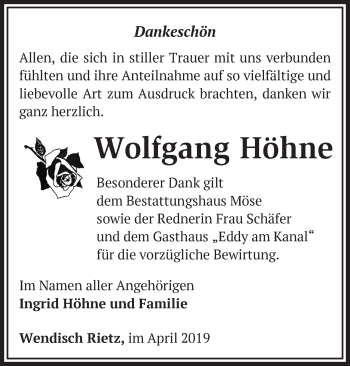 Traueranzeige von Wolfgang Höhne von Märkische Oderzeitung