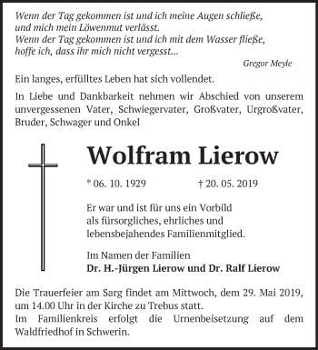 Traueranzeige von Wolfram Lierow von Märkische Oderzeitung