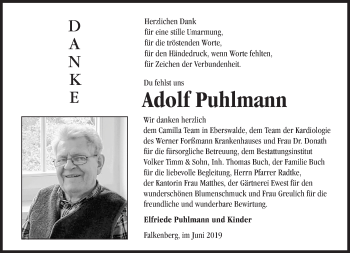 Traueranzeige von Adolf Puhlmann von Märkische Oderzeitung