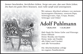 Traueranzeige von Adolf Puhlmann von Märkische Oderzeitung