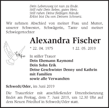 Traueranzeige von Alexandra Fischer von Märkische Oderzeitung