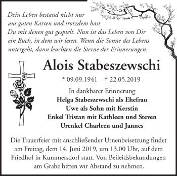 Traueranzeige von Alois Stabeszewschi von Märkische Oderzeitung