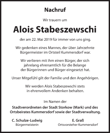 Traueranzeige von Alois Stabeszewschi von Märkische Oderzeitung