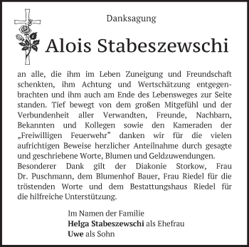 Traueranzeige von Alois Stabeszewschi von Märkische Oderzeitung