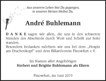 Traueranzeige von André Buhlemann von Märkische Oderzeitung