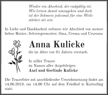 Traueranzeige von Anna Kulicke von Märkische Oderzeitung