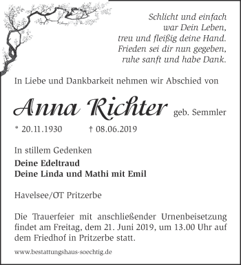 Traueranzeige von Anna Richter von Märkische Oderzeitung