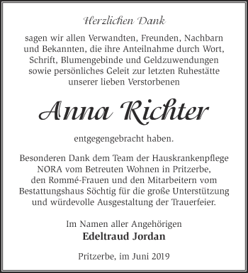 Traueranzeige von Anna Richter von Märkische Oderzeitung