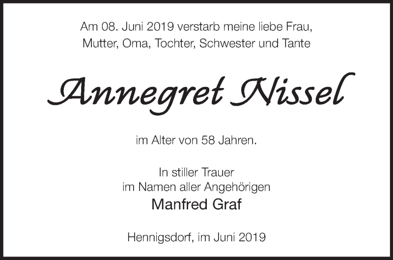  Traueranzeige für Annegret Nissel vom 22.06.2019 aus Märkische Oderzeitung