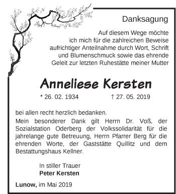 Traueranzeige von Anneliese Kersten von Märkische Oderzeitung