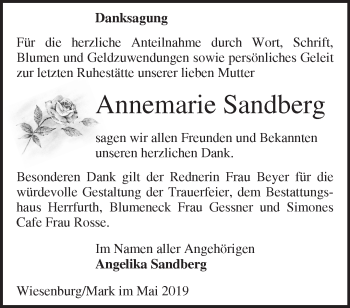 Traueranzeige von Annemarie Sandberg von Märkische Oderzeitung