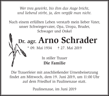 Traueranzeige von Arno Schrader von Märkische Oderzeitung