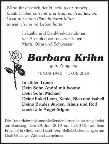 Traueranzeige von Barbara Krihn von Märkische Oderzeitung