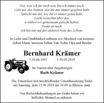 Traueranzeige von Bernhard Krämer von Märkische Oderzeitung