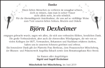 Traueranzeige von Björn Dexheimer von Märkische Oderzeitung