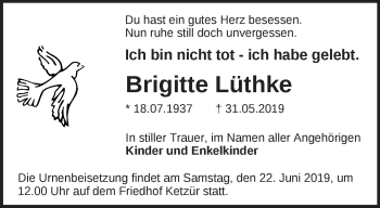 Traueranzeige von Brigitte Lüthke von Märkische Oderzeitung