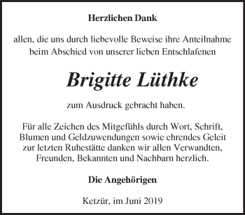 Traueranzeige von Brigitte Lüthke von Märkische Oderzeitung