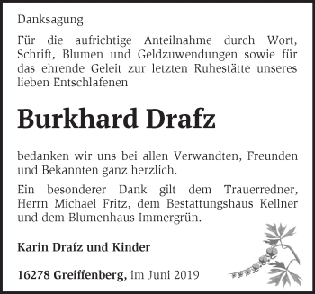 Traueranzeige von Burkhard Drafz von Märkische Oderzeitung