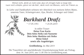 Traueranzeige von Burkhard Drafz von Märkische Oderzeitung