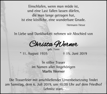 Traueranzeige von Christa Werner von Märkische Oderzeitung