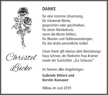 Traueranzeige von Christel Lücke von Märkische Oderzeitung