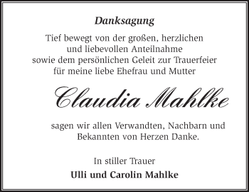 Traueranzeige von Claudia Mahlke von Märkische Oderzeitung