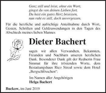 Traueranzeige von Dieter Bachert von Märkische Oderzeitung