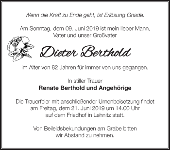 Traueranzeige von Dieter Berthold von Märkische Oderzeitung