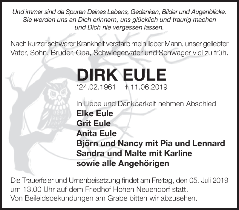  Traueranzeige für Dirk Eule vom 29.06.2019 aus Märkische Oderzeitung